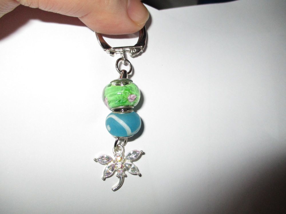 Green Blue Glass Bead and Clear Diamante Dragonfly themed Enamel Metal Charm Keyring