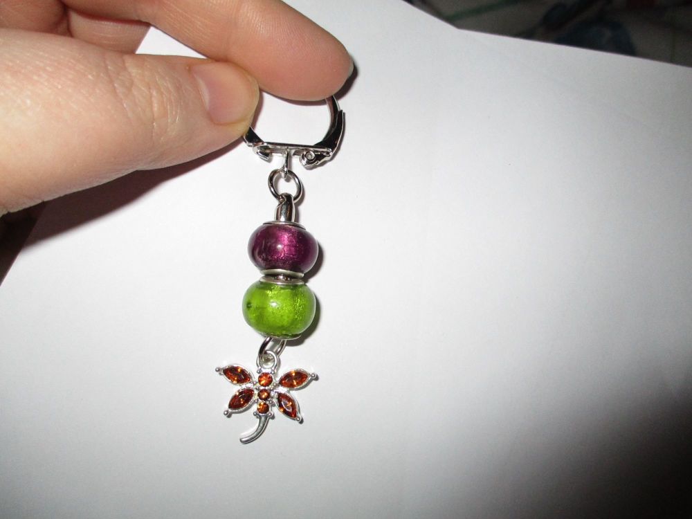 Purple Green Glass Bead and Brown Diamante Dragonfly themed Enamel Metal Ch