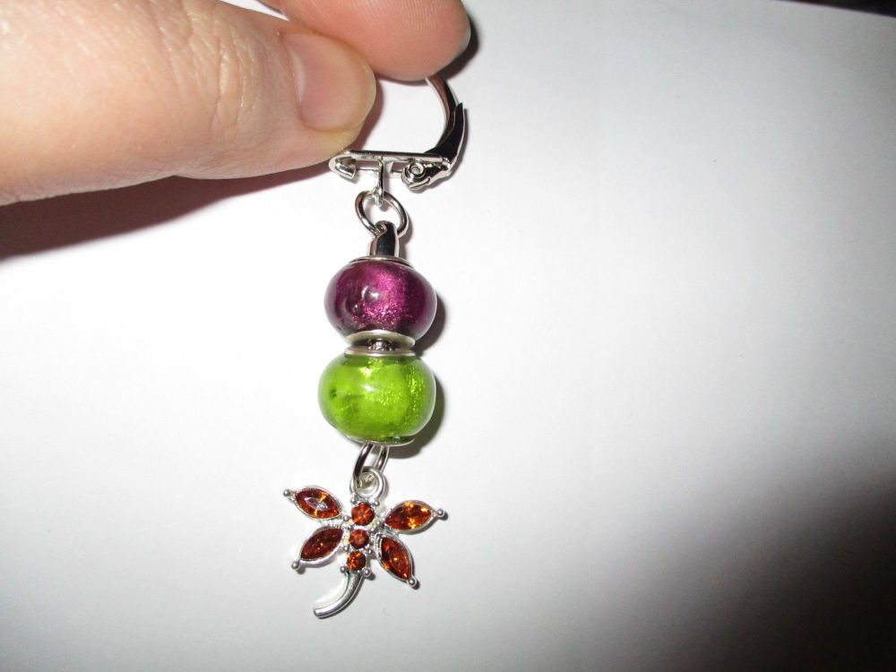 Purple Green Glass Bead and Brown Diamante Dragonfly themed Enamel Metal Charm Keyring