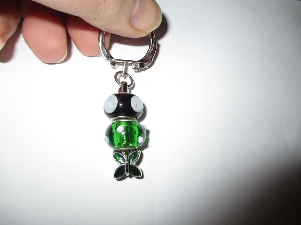 Green Black Glass Bead and Enamel Green Butterfly Metal Charm Keyring