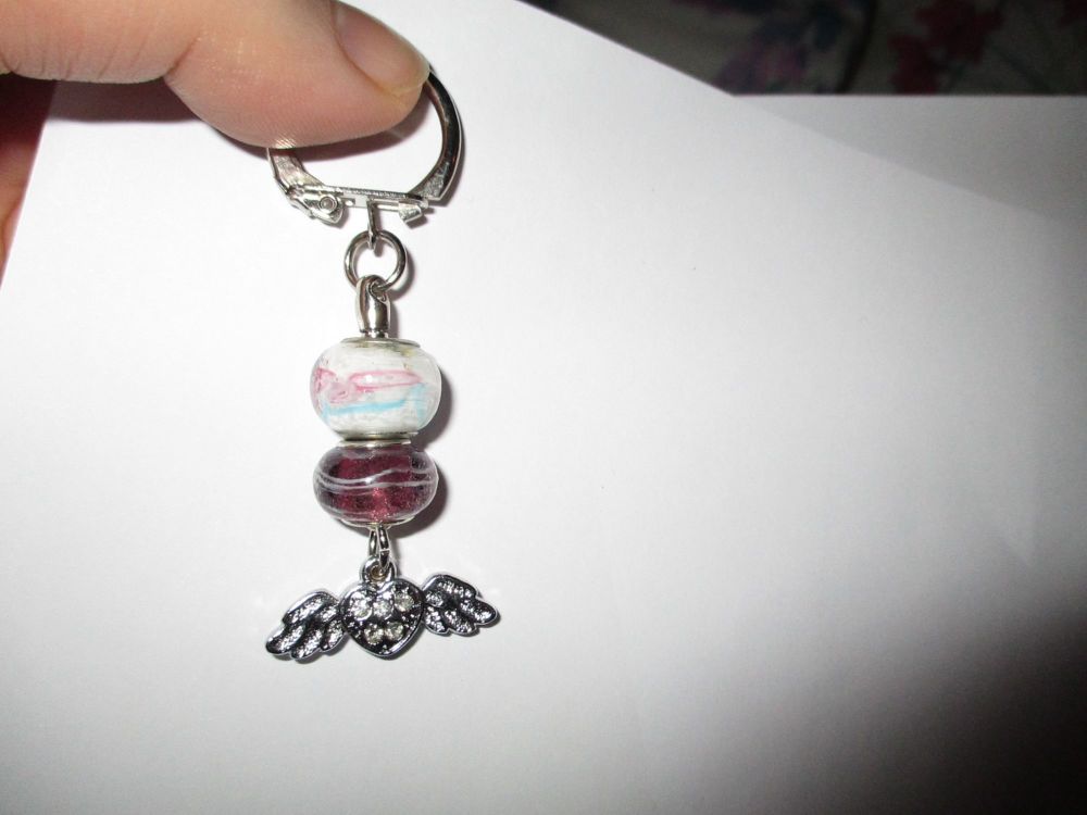 White Purple Glass Bead and Clear Diamante Winged Heart Metal Charm Keyring