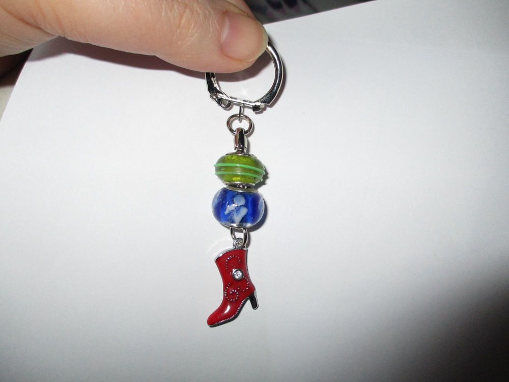 Red Blue Bead and Cowboy Boot Themed Metal Charm Keyring