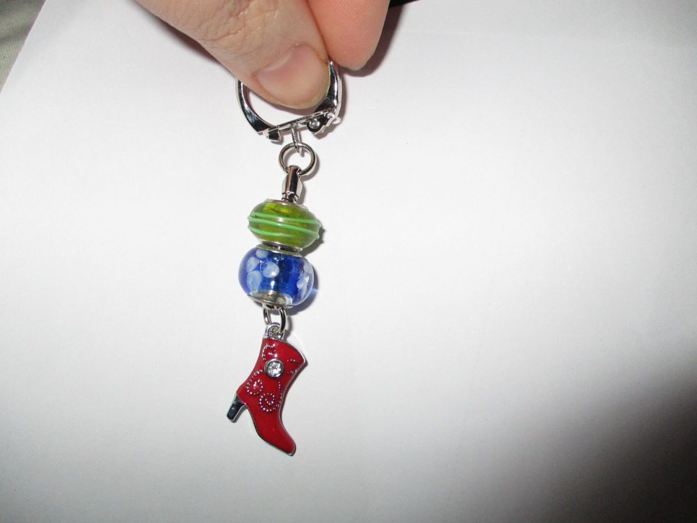 Red Blue Bead and Cowboy Boot Themed Metal Charm Keyring