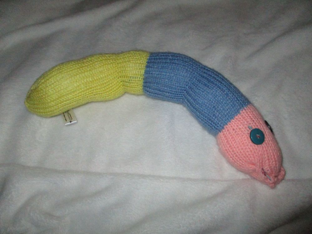 (*)Pink Blue Yellow Segments Midi Snake - Dark Green Blue Eyes Knitted Soft Toy