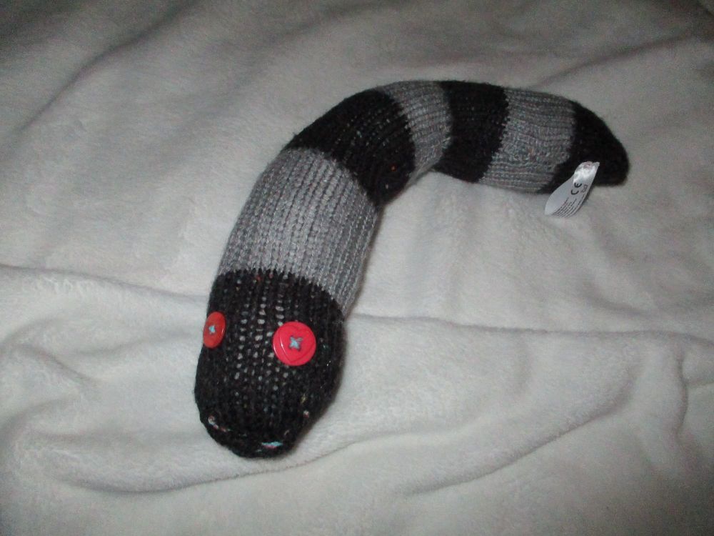(*)Grey Black Stripe Midi Snake - Red and Heart Eyes Knitted Soft Toy