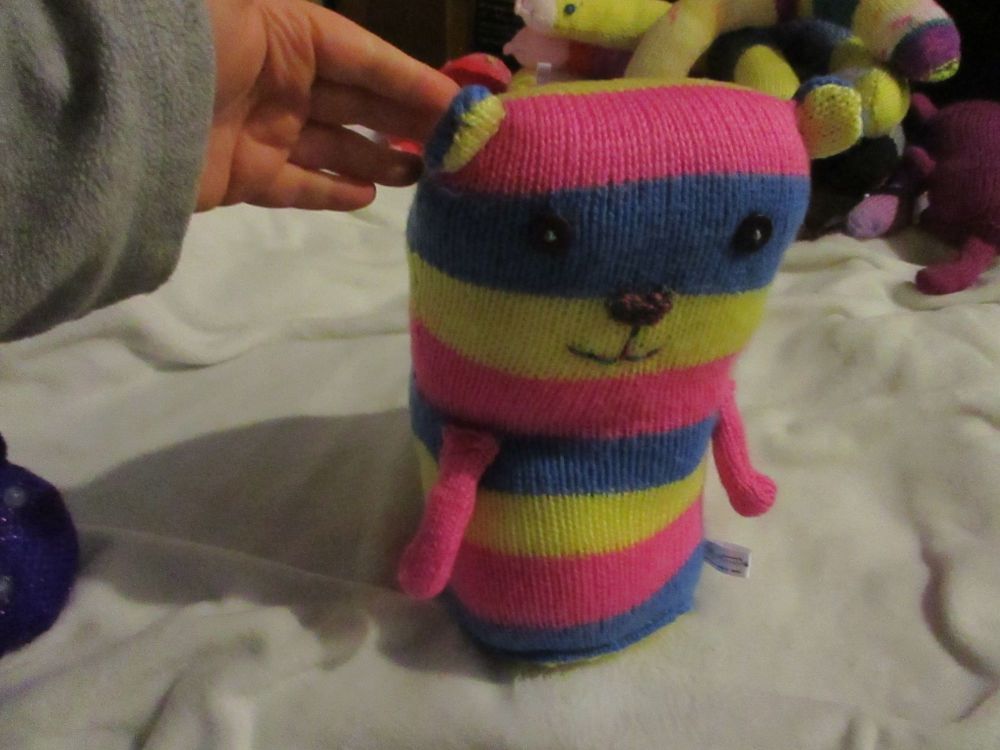 Blue Pink Yellow Stripe Giant Cat Soft Toy - Deep Purple Eyes