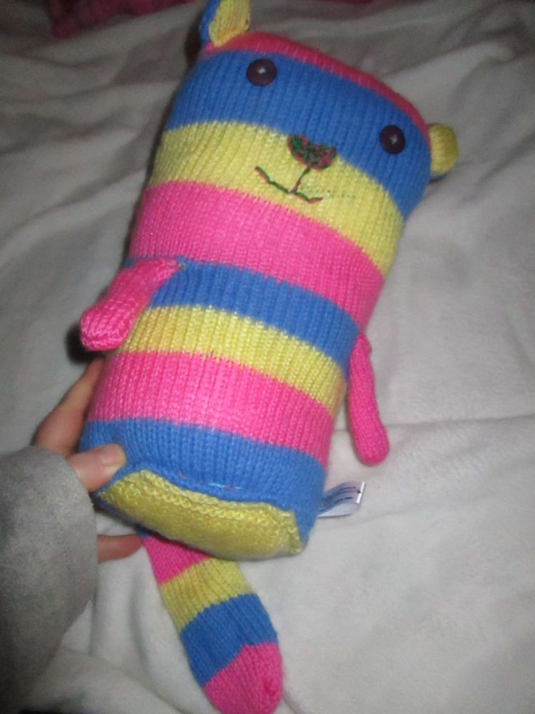 Blue Pink Yellow Stripe Giant Cat Soft Toy - Deep Purple Eyes