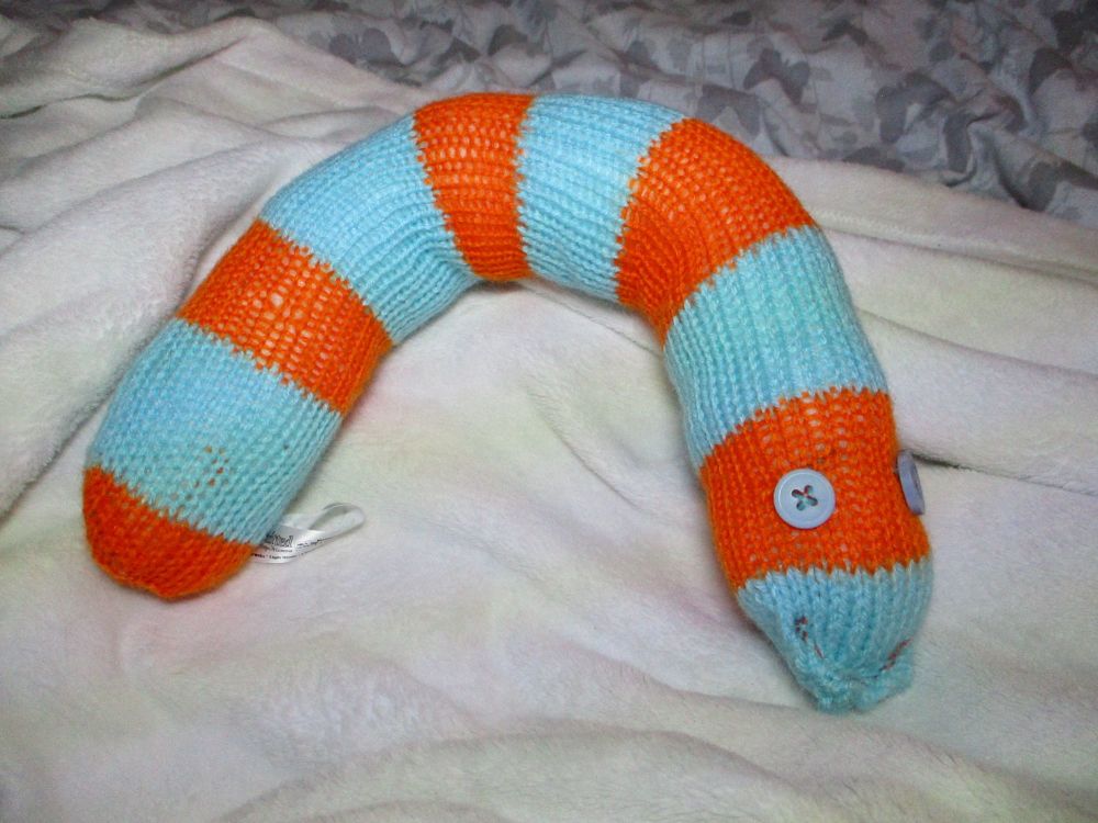 (*)Light Blue Orange Banded Midi Snake with Powder Blue Eyes Knitted Soft Toy