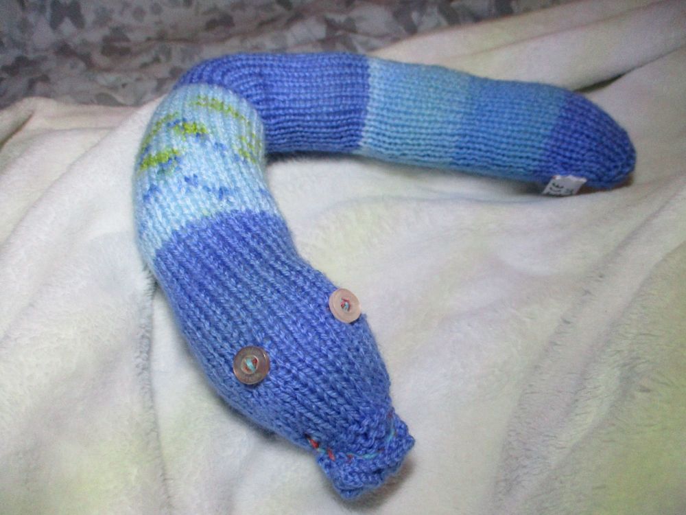 (*)Floral and Light Blue Banded Midi Snake with Clear Pink Eyes Knitted Soft Toy