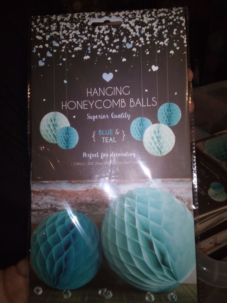 Blue/Teal Hanging Honeycomb Paper Decoration Balls 2pk