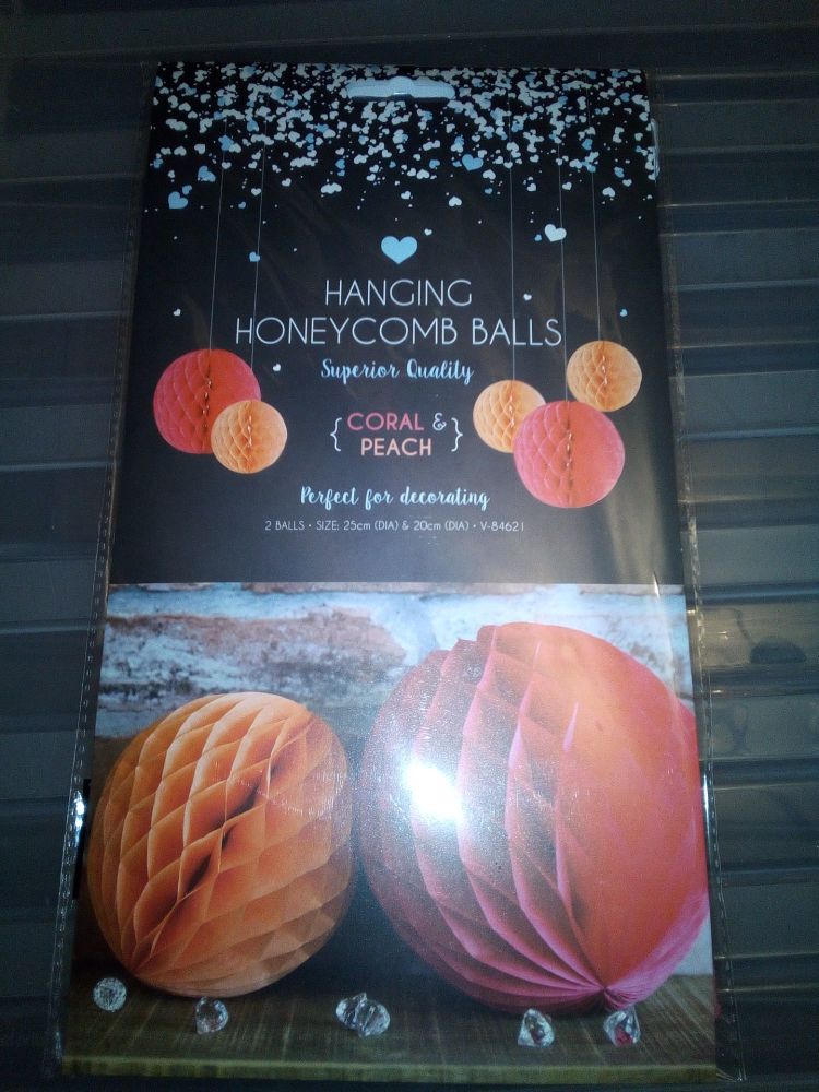 Coral/Peach Hanging Honeycomb Paper Decoration Balls 2pk