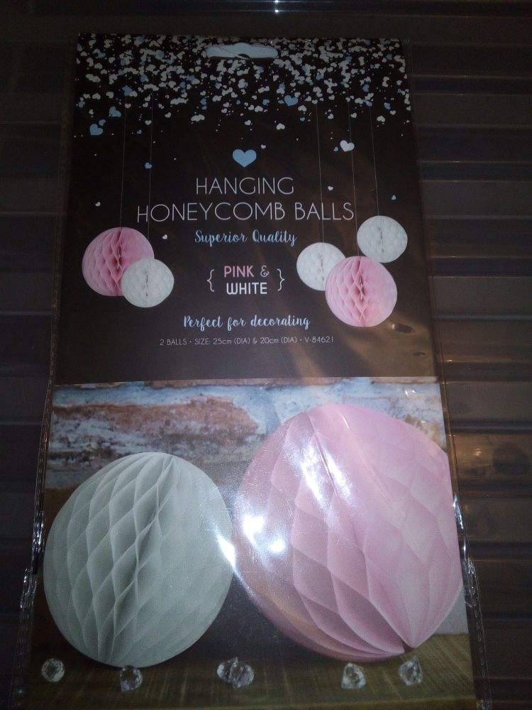 Pink/White Hanging Honeycomb Paper Decoration Balls 2pk