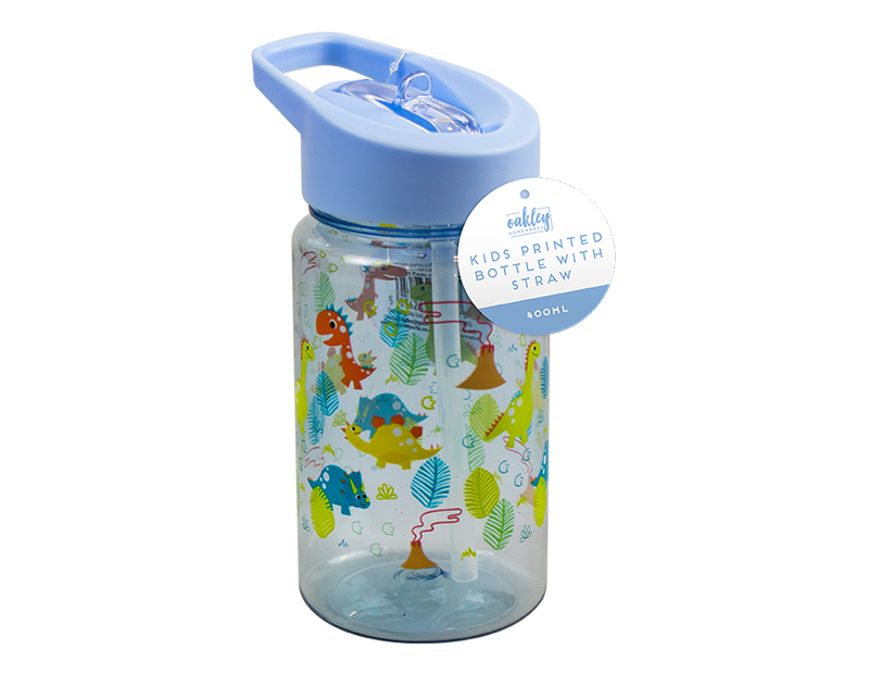 Oakley Homeware - Blue With Dinosaurs - Kids Printed Bottle With Straw 400ml