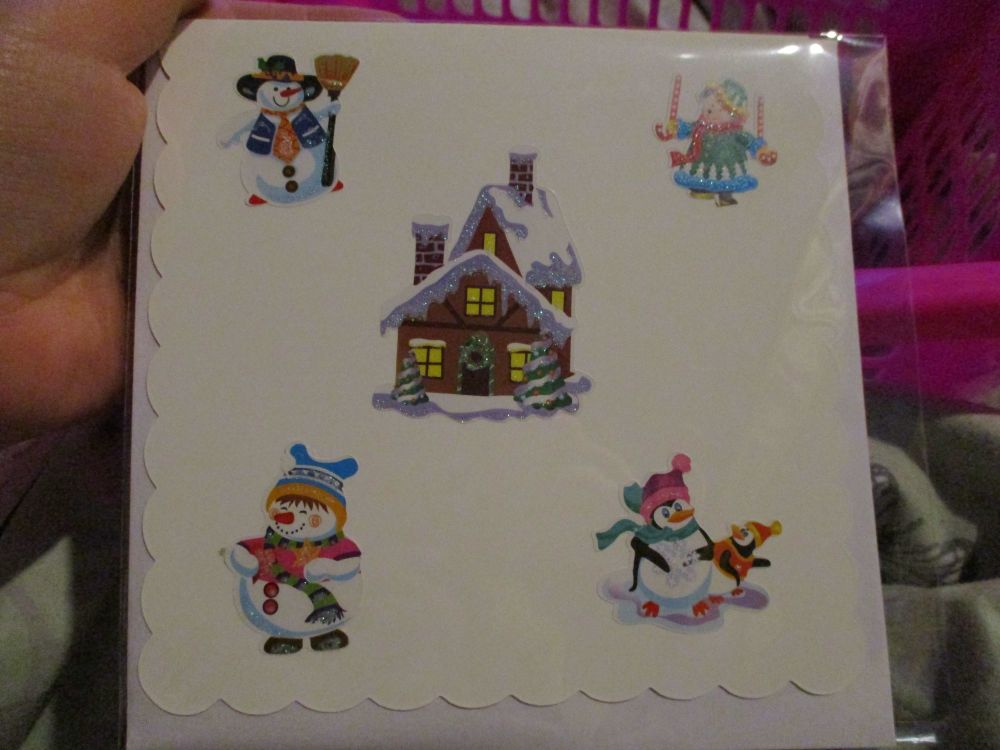 4 Snowmen and Chalet - 15cm Scallop Edge Greetings Card [blank]
