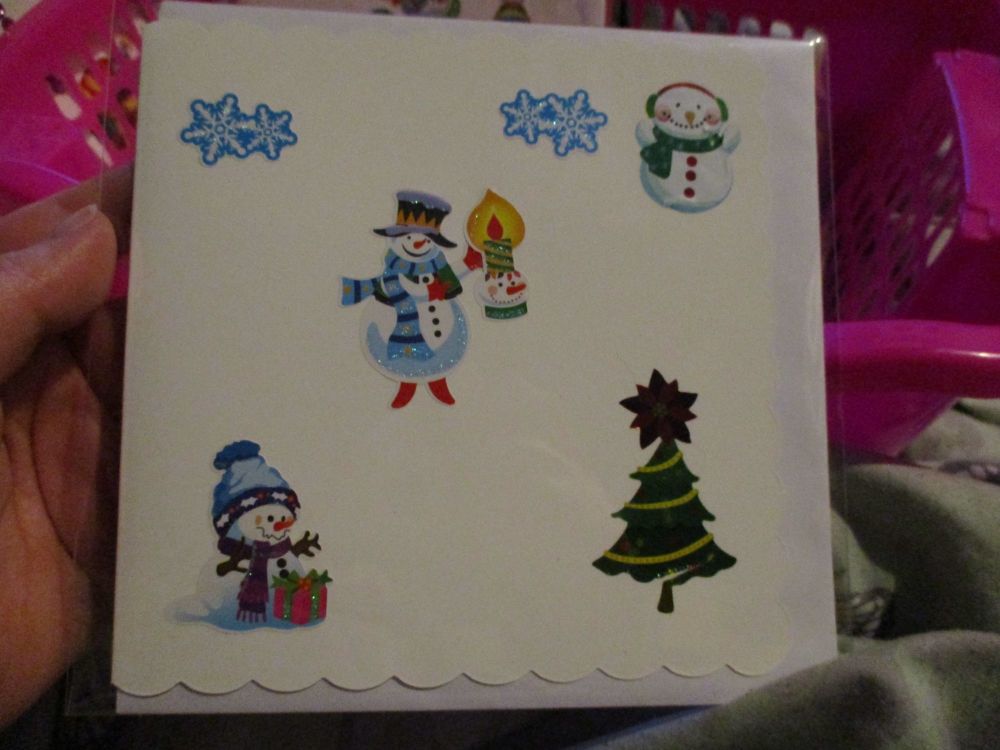 3 Snowmen, Tree and Snowflakes - 15cm Scallop Edge Greetings Card [blank]