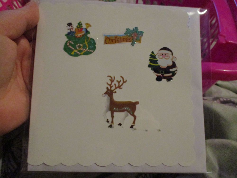 Reindeer, Santa & Christmas Sack - 15cm Scallop Edge Greetings Card [blank]