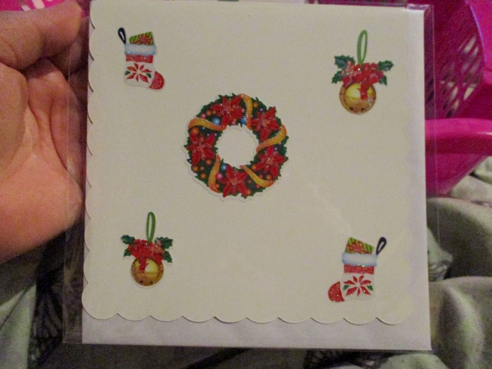 Stockings, Baubles & Wreath - 15cm Scallop Edge Greetings Card [blank]