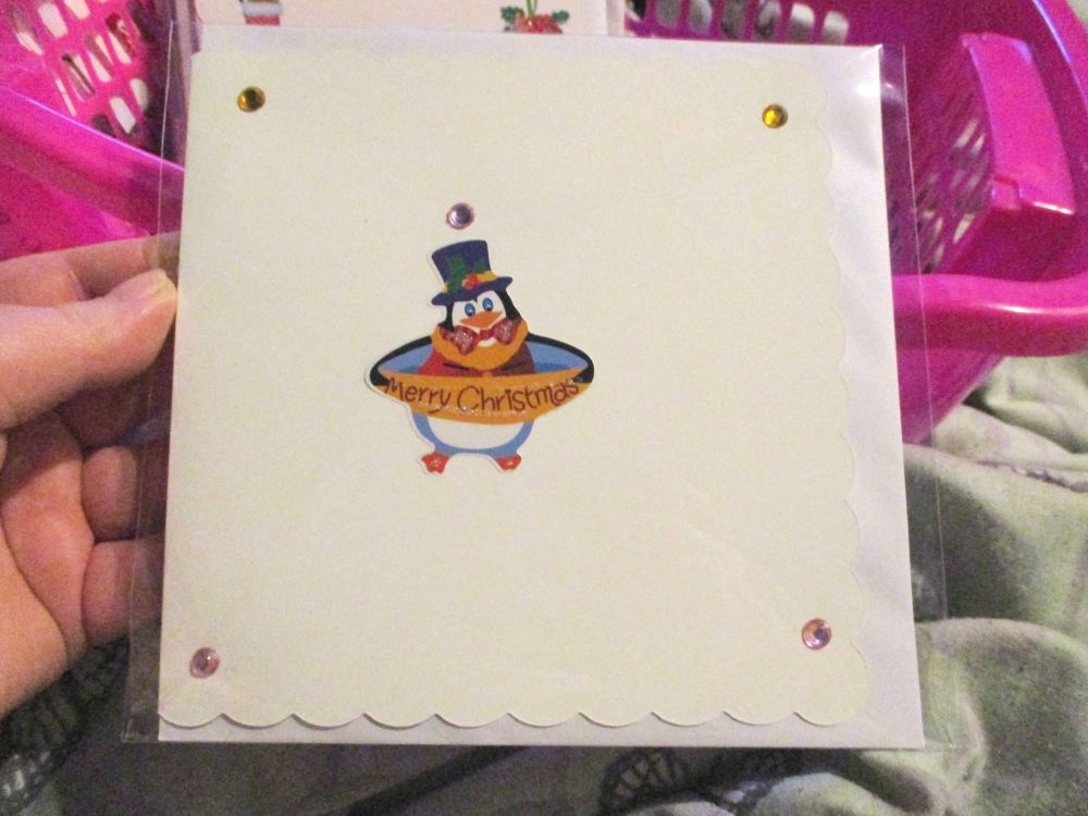 Penguin with 5 gems - 15cm Scallop Edge Greetings Card [blank]