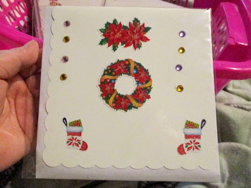 Stockings, Gems & Wreath - 15cm Scallop Edge Greetings Card [blank]