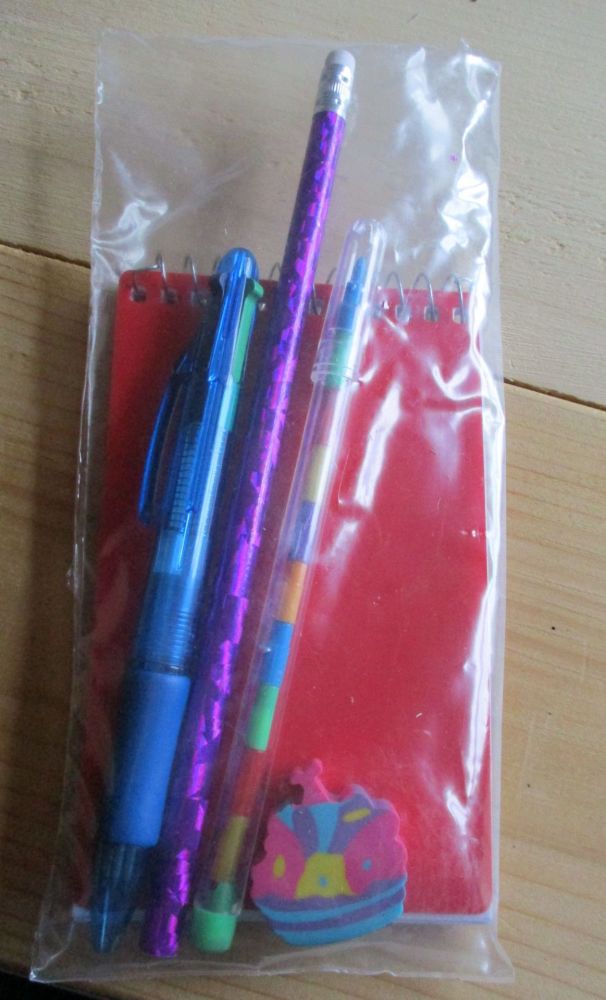 Red Notebook Purple Holographic Pencil Stacker Crayon 4-click Pen and Eraser Set