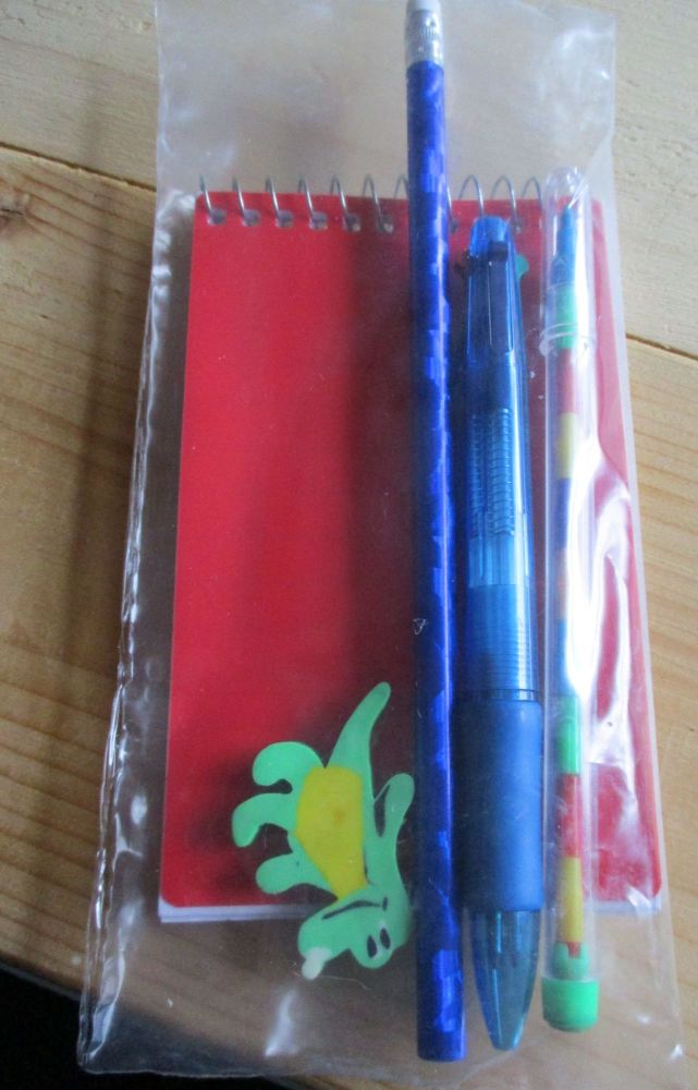Red Notebook Blue Holographic Pencil Stacker Crayon 4-click Pen and Croc Eraser Set