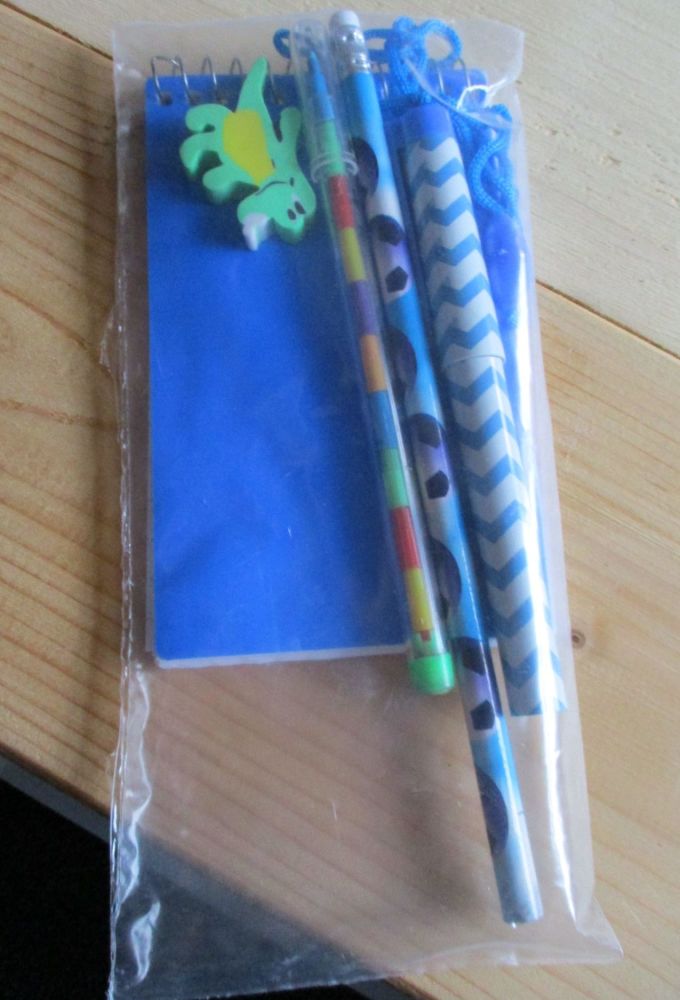 Blue Notebook Light Blue Football Pencil Stacker Crayon Blue Zigzag Neck Pen and Croc Eraser Set