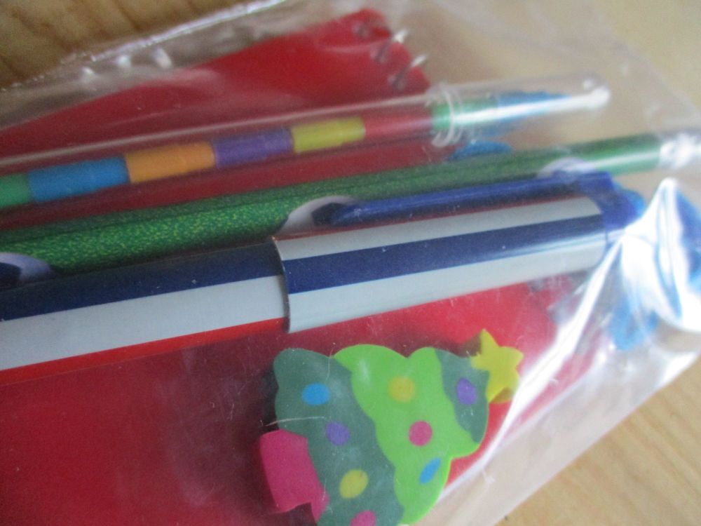 Red Notebook Green Football Pencil Stacker Crayon Striped Neck Pen and Christmas Tree Eraser Set