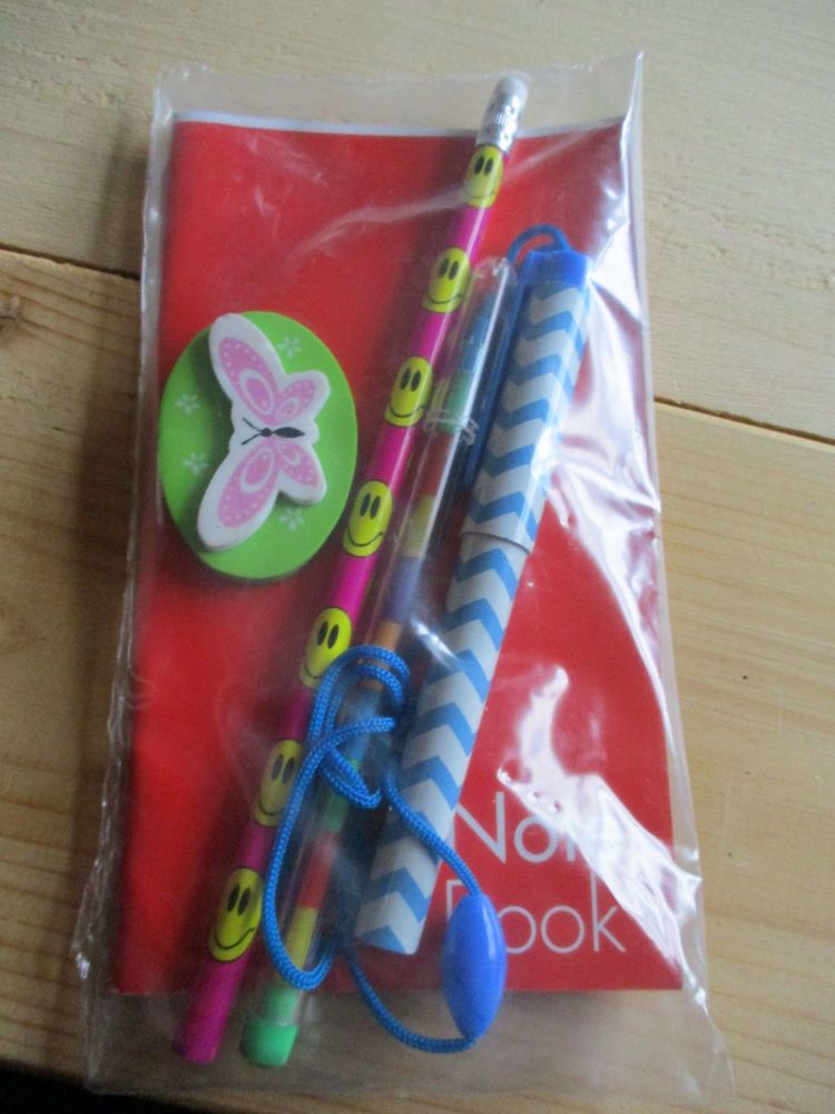 Red Notebook Pink Smiley Face Pencil Stacker Crayon ZigZag Neck Pen and Gre