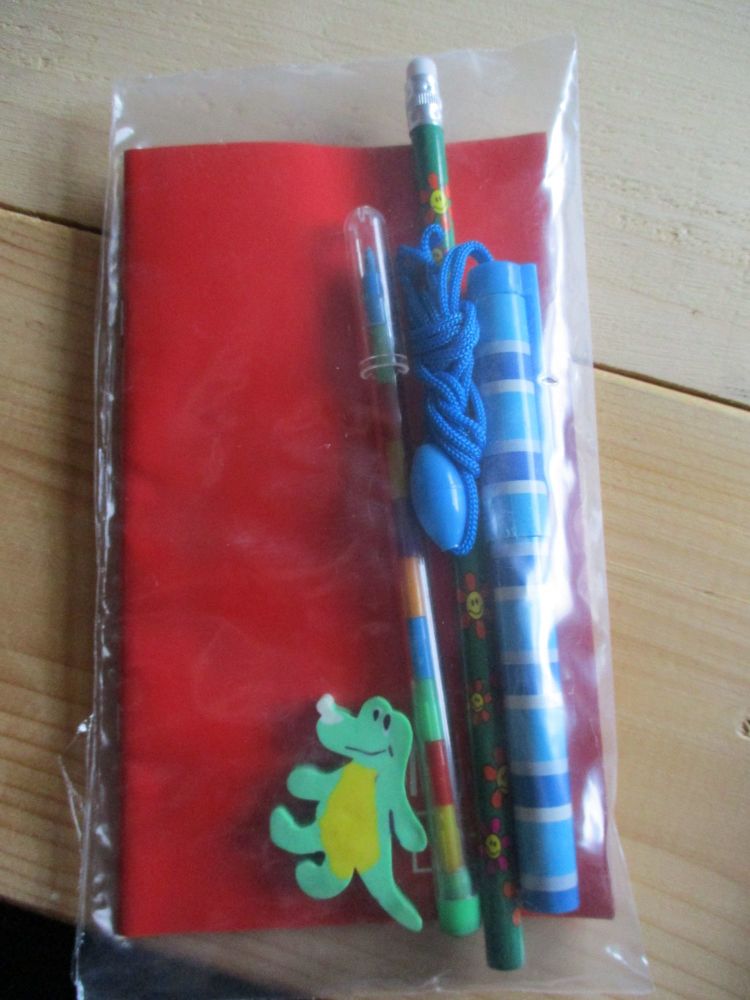 Red Notebook Green Flowers Pencil Stacker Crayon Horizontal Lines Neck Pen and Green Croc Eraser Set
