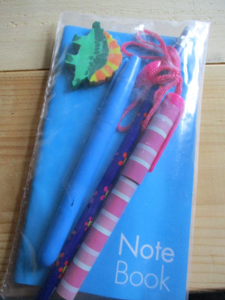Light Blue Notebook Purple Flowers Pencil Blue Highlighter Pink Lines Neck Pen and Green Stegosaurus Eraser Set