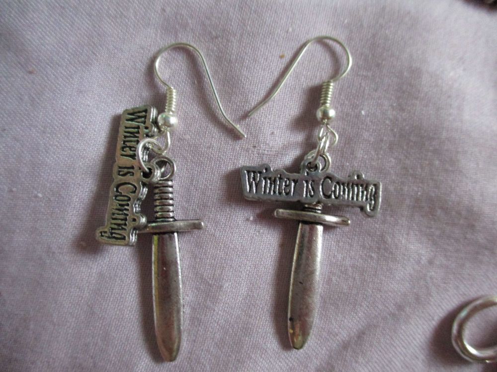 Winter Is Coming Tag With Sword Styled Earrings