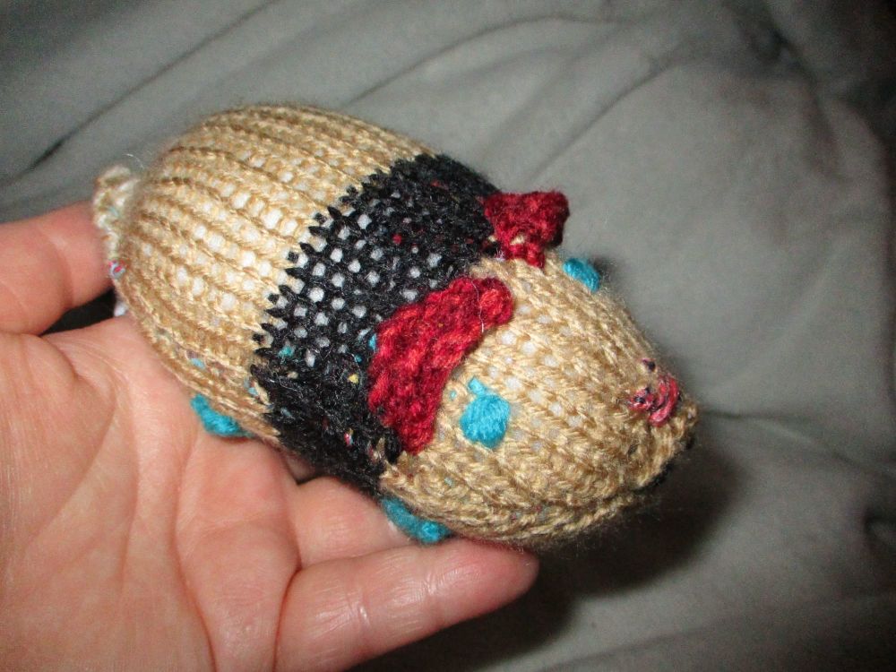 (*)Baby Hamster - Brown Black Banded Body & Face - Pink Blue Features - Red Ears -  Knitted Soft Toy[CMS23]