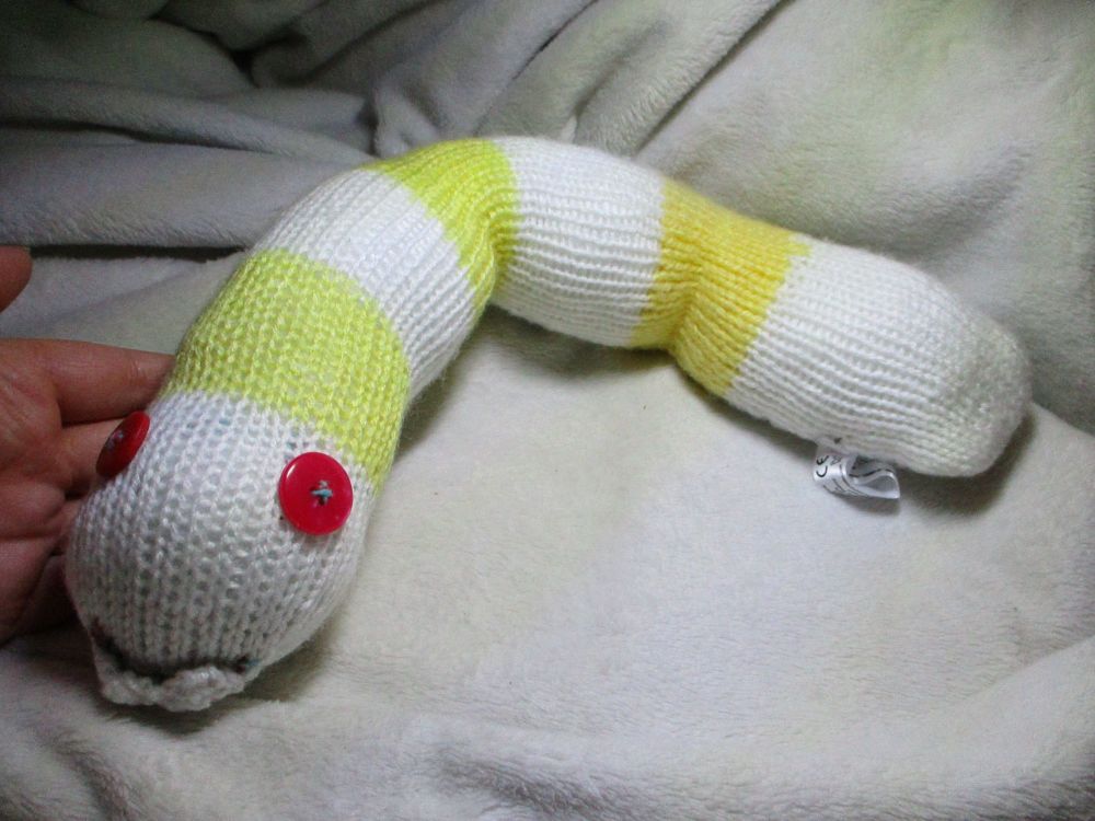 Yellow and White Banded Midi Snake - Red Pink Eyes Knitted Soft Toy
