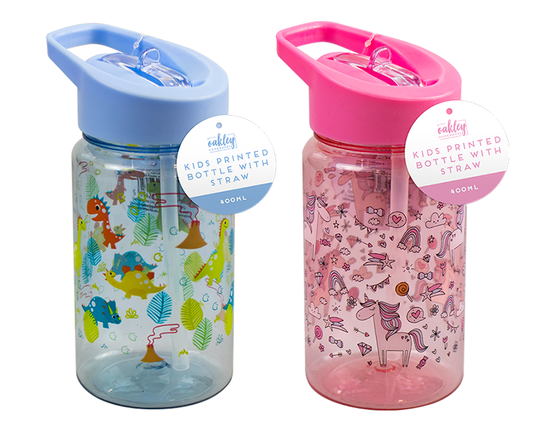Oakley Homeware - Pink with Unicorns - Kids Printed Bottle With Straw 400ml