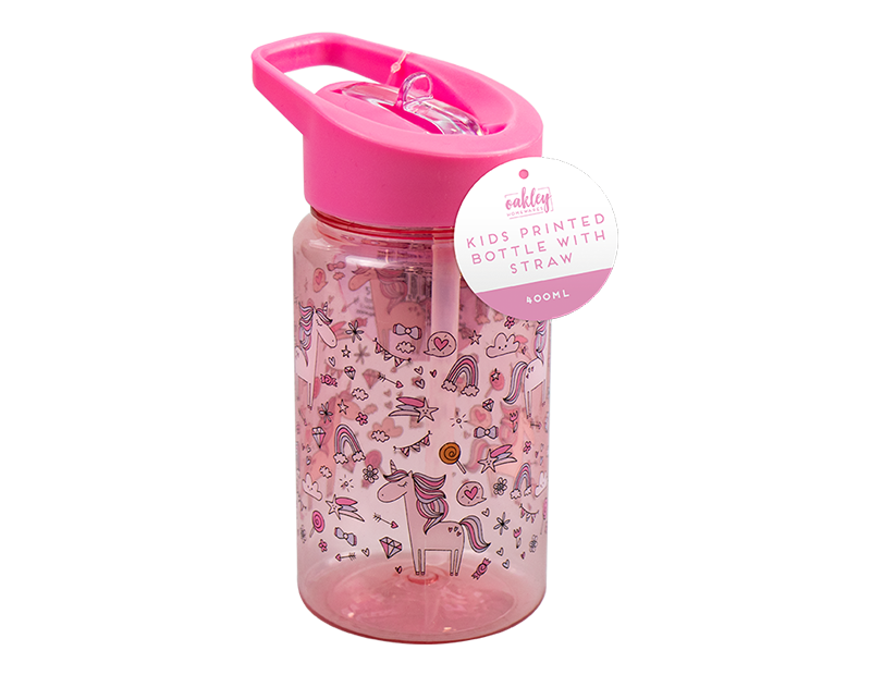 Oakley Homeware - Pink with Unicorns - Kids Printed Bottle With Straw 400ml