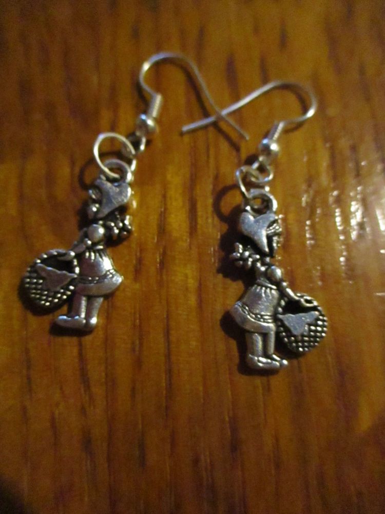 Silver tone Girl with a Basket Styled Earrings