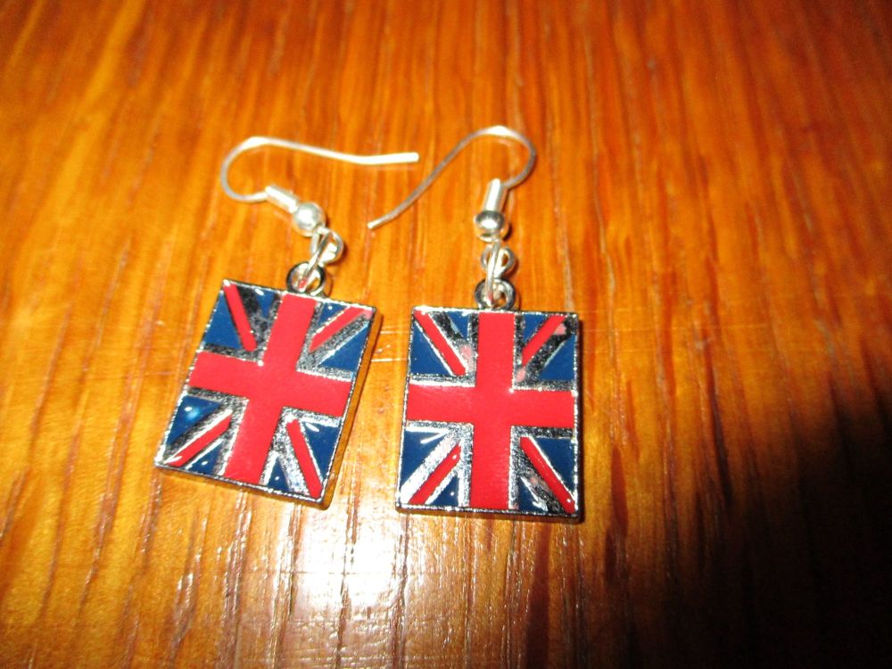 Silver tone UK British Flag Styled Earrings