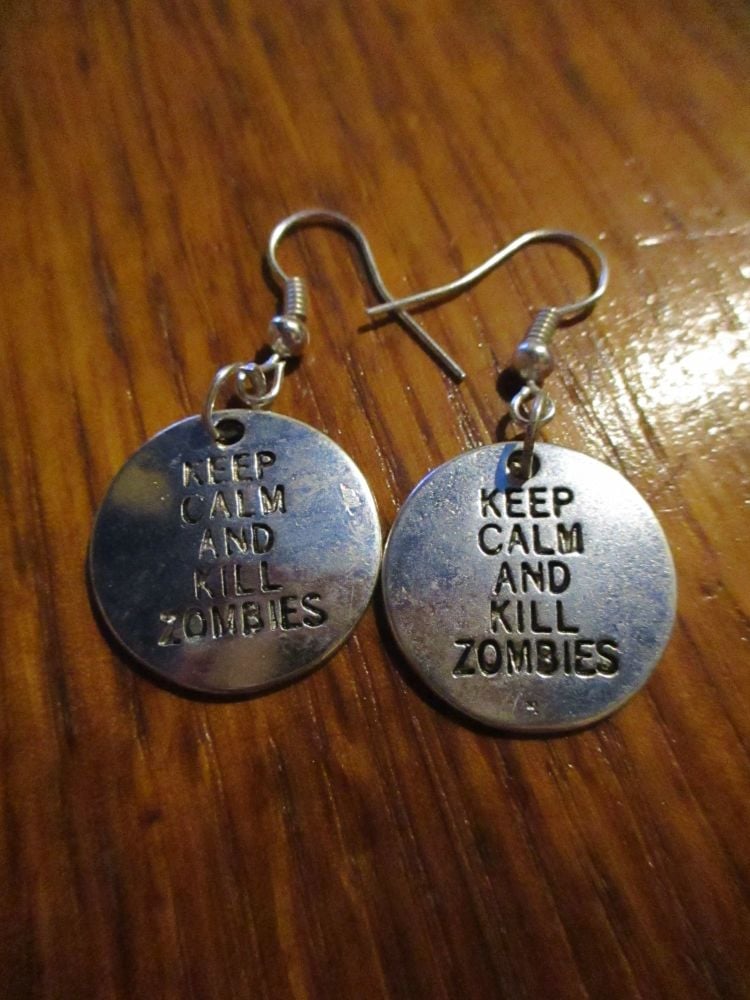Silver tone "Keep Calm Kill Zombies" Tag Styled Earrings