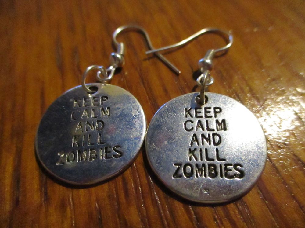Silver tone "Keep Calm Kill Zombies" Tag Styled Earrings