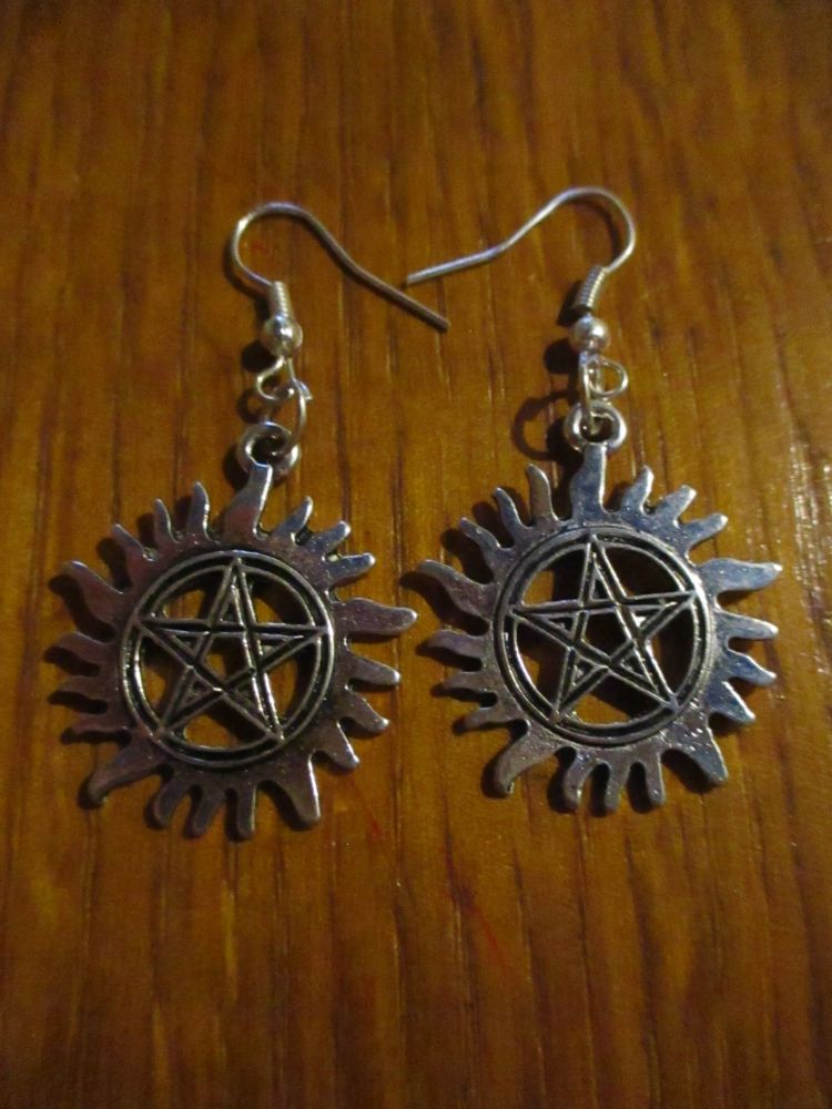 Silver tone Supernatural Logo Styled Earrings