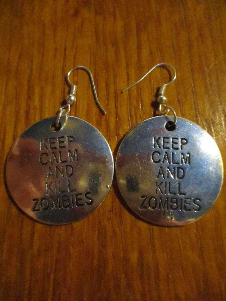 Silver tone "Keep Calm Kill Zombies" Bigger Tag Styled Earrings