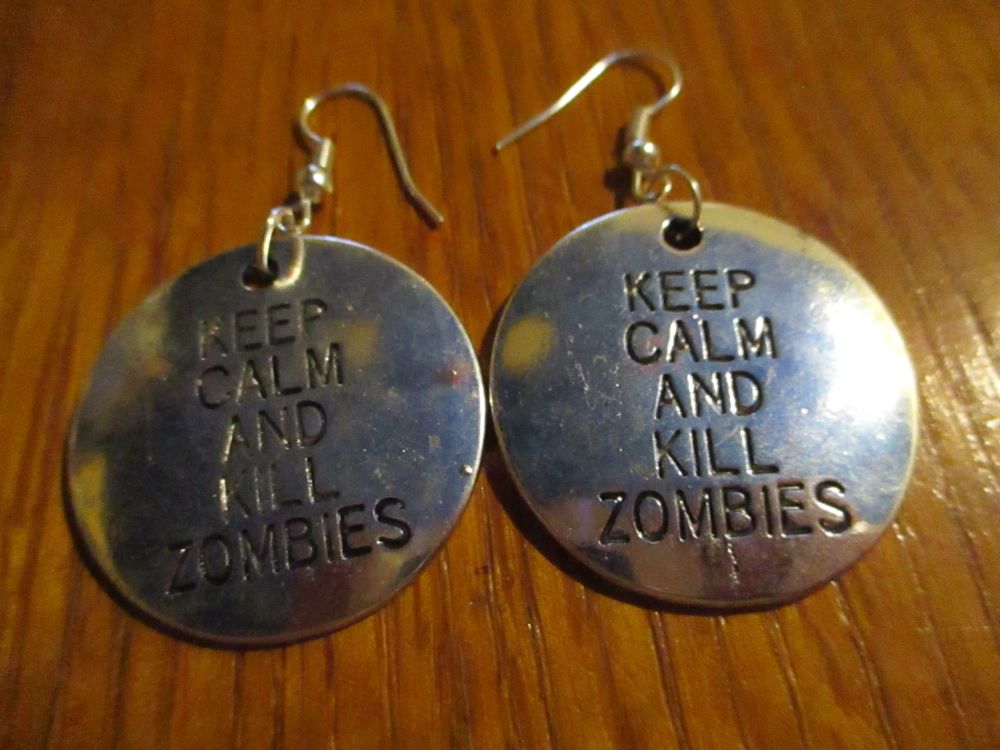 Silver tone "Keep Calm Kill Zombies" Bigger Tag Styled Earrings