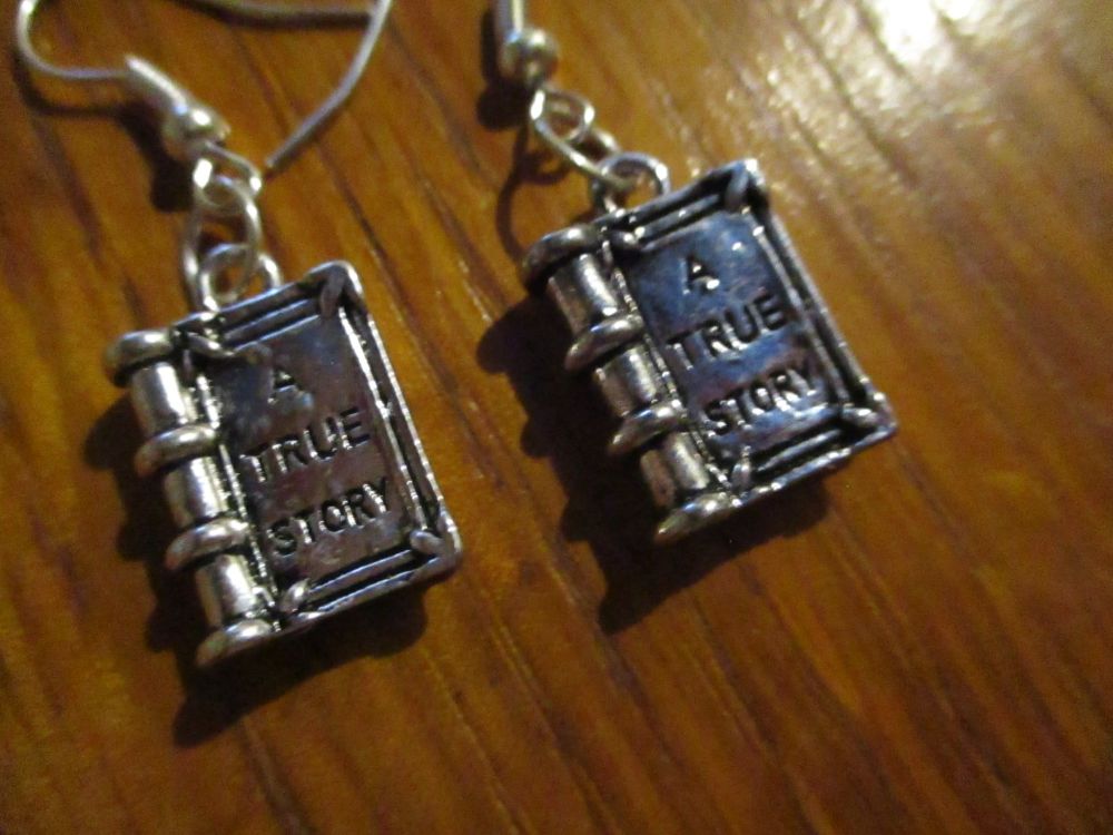 Silver tone Chunky "A True Story" Books Styled Earrings