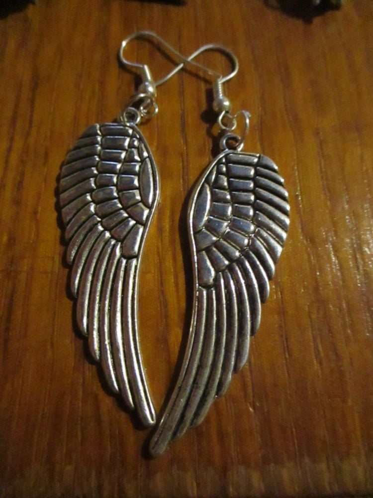 Silver tone Big Feather Wings Styled Earrings
