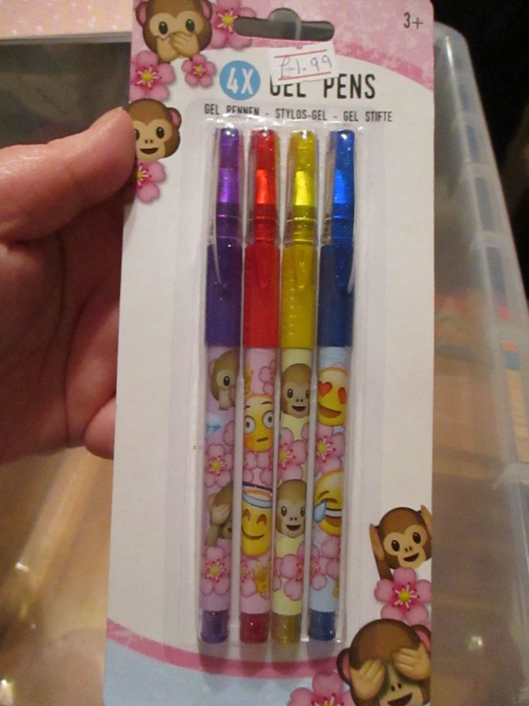 4 Monkey Emoticon Gel Pens - Glittery Pearl Effect