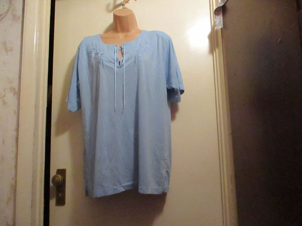 Light Blue Cotton Top with Embroidered Flowers and Tie up front Detail