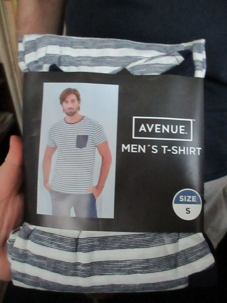 Avenue (Aldi) Mens T-Shirt - Size S - Blue White Striped - Brand New In Pack