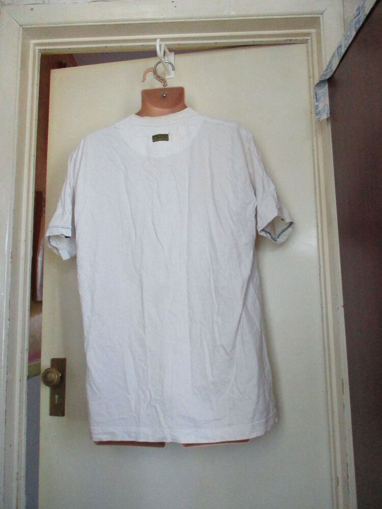 White T-Shirt Size XL "Obscene Clothing" Rude Phrase - Has storage rusting - needs bicarb wash