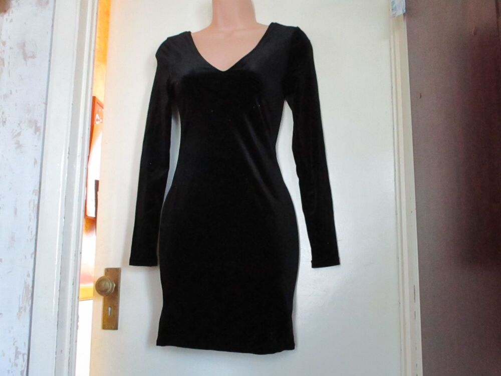 Primark Size 6 Little Black Bodycon Dress - Velvet Long Sleeve Criss Cross Back