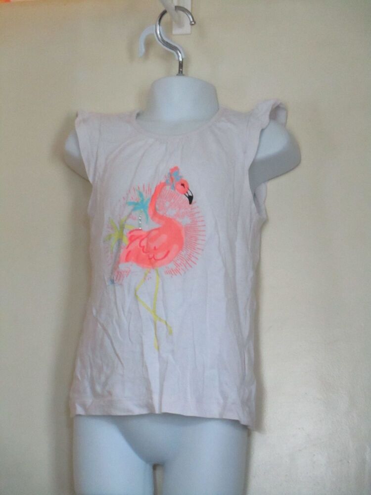 Young Dimensions 4-5yrs White Short Sleeve Top with Neon Flamingo Design